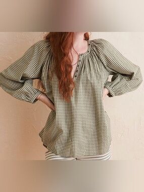 Aerie Gingham Peasant Blouse in Green Women’s Size Large